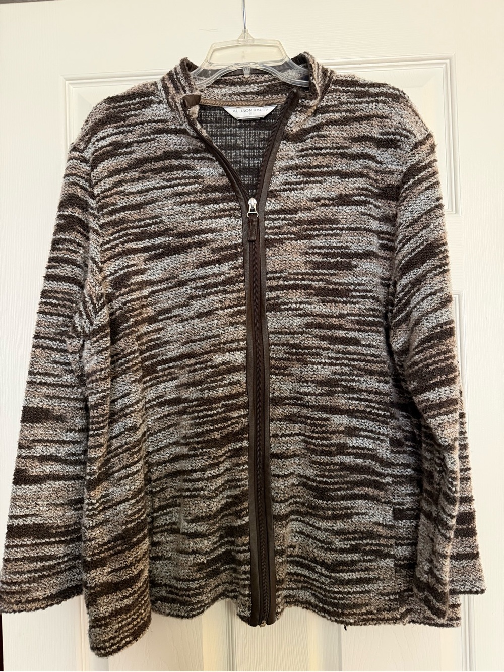 Allison Daley Marled Brown & Gray Zip-Front Teddy Jacket